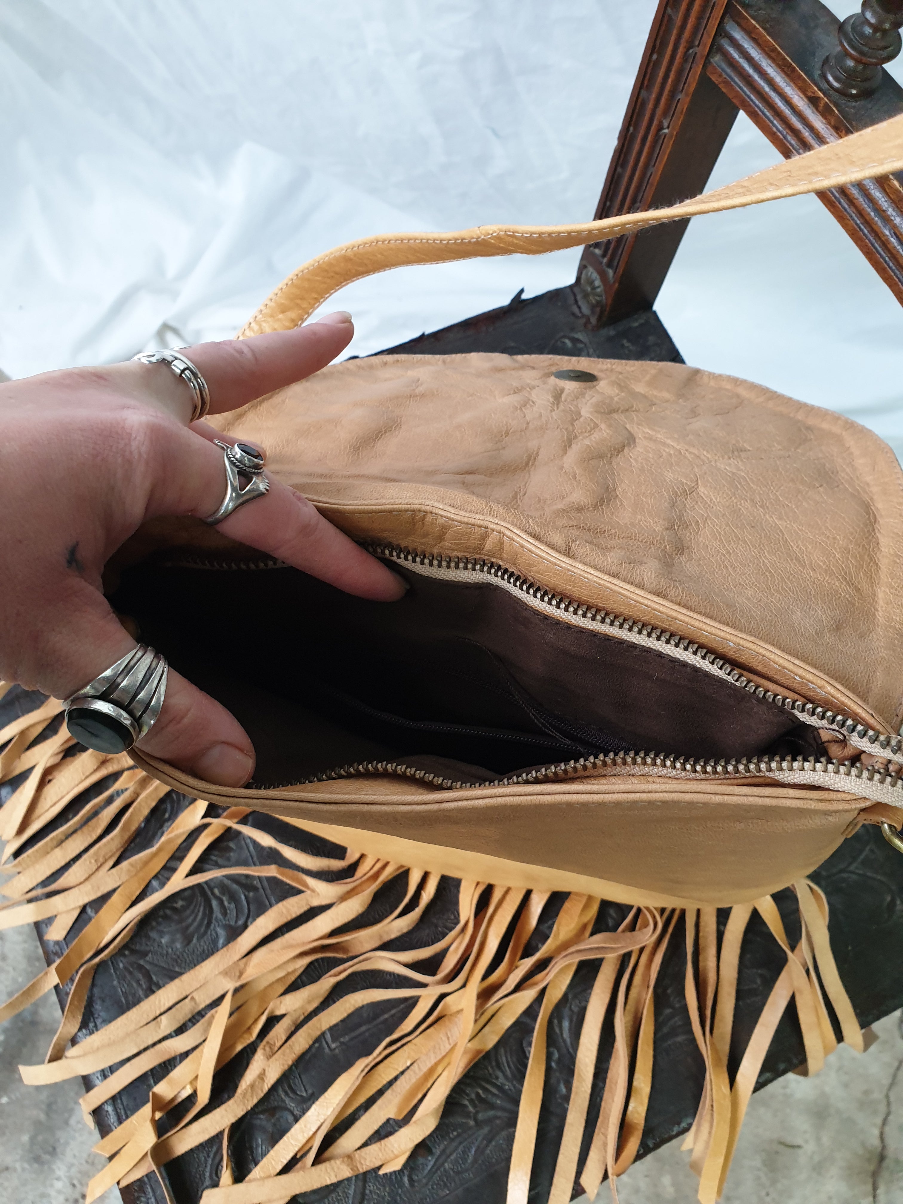 Vintage Tan Leather Fringed Shoulder Bag