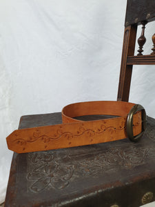 Vintage Tan Leather Tooled Belt w. Round Buckle