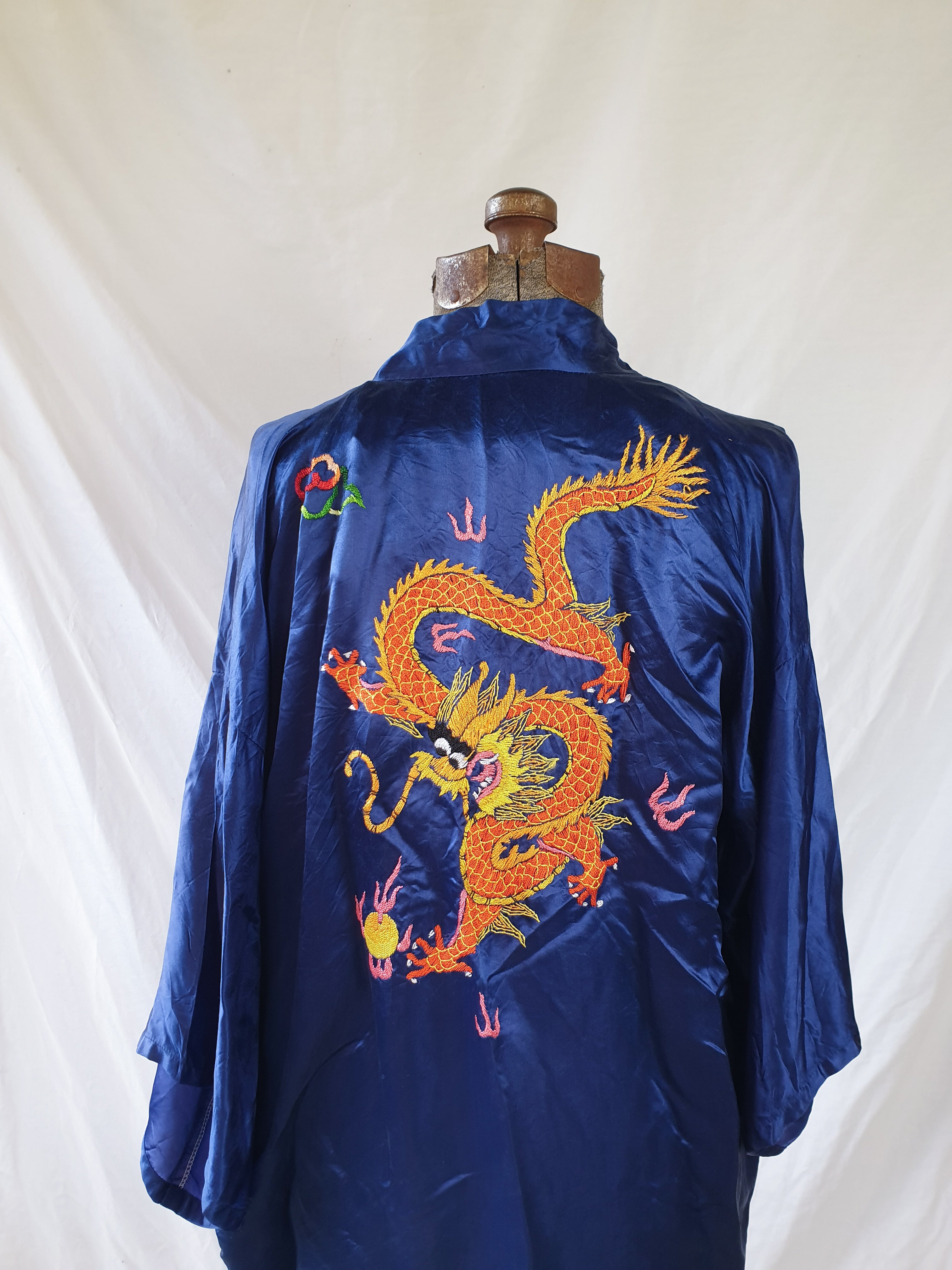 Vintage Navy Embroidered Silky Dragon Robe