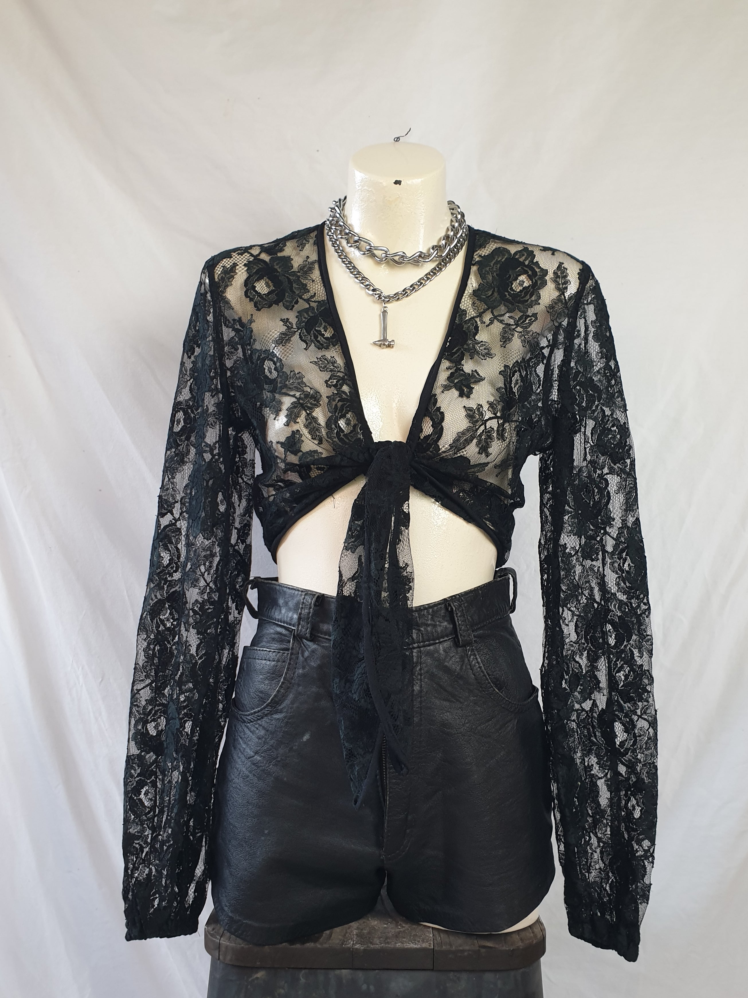 Vintage 80s/90s Black Lace Tie Front Crop Top