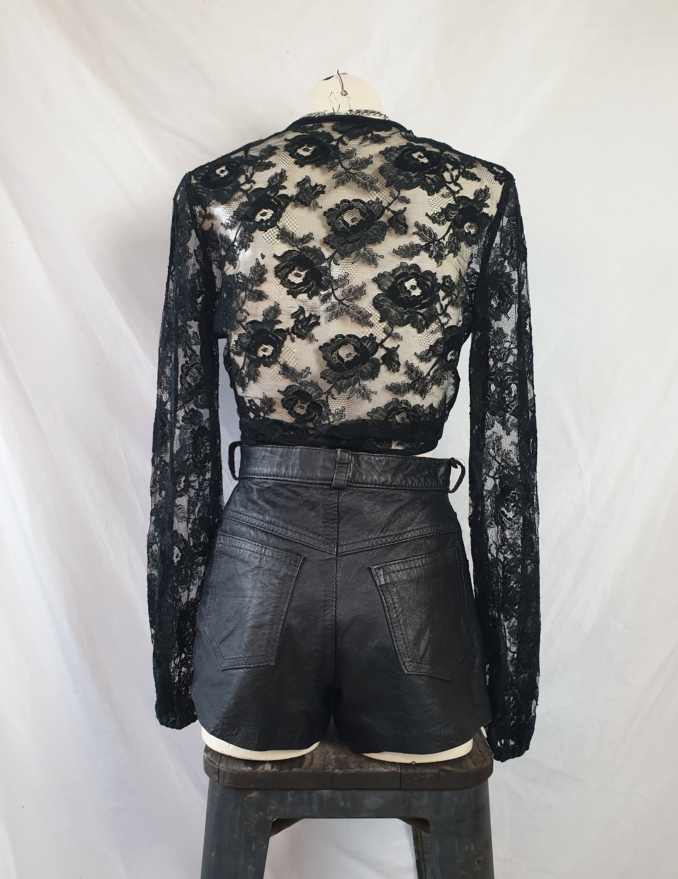 Vintage 80s/90s Black Lace Tie Front Crop Top