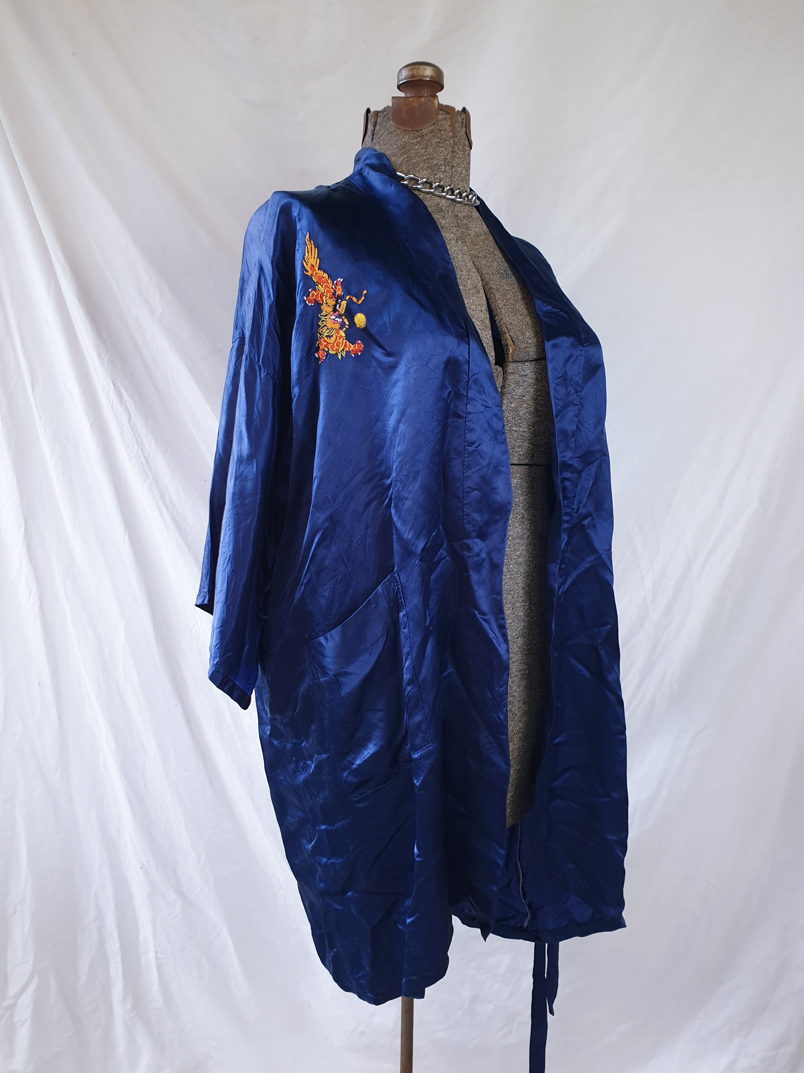 Vintage Navy Embroidered Silky Dragon Robe