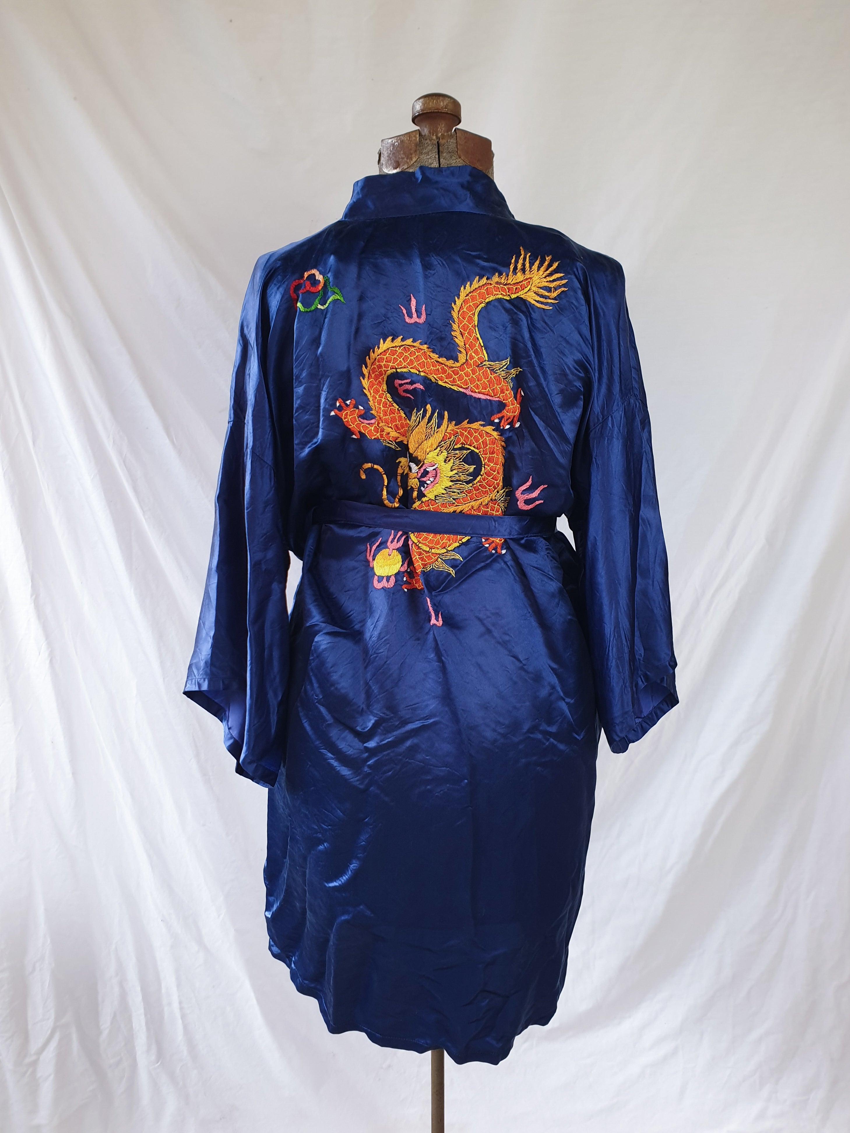 Vintage Navy Embroidered Silky Dragon Robe