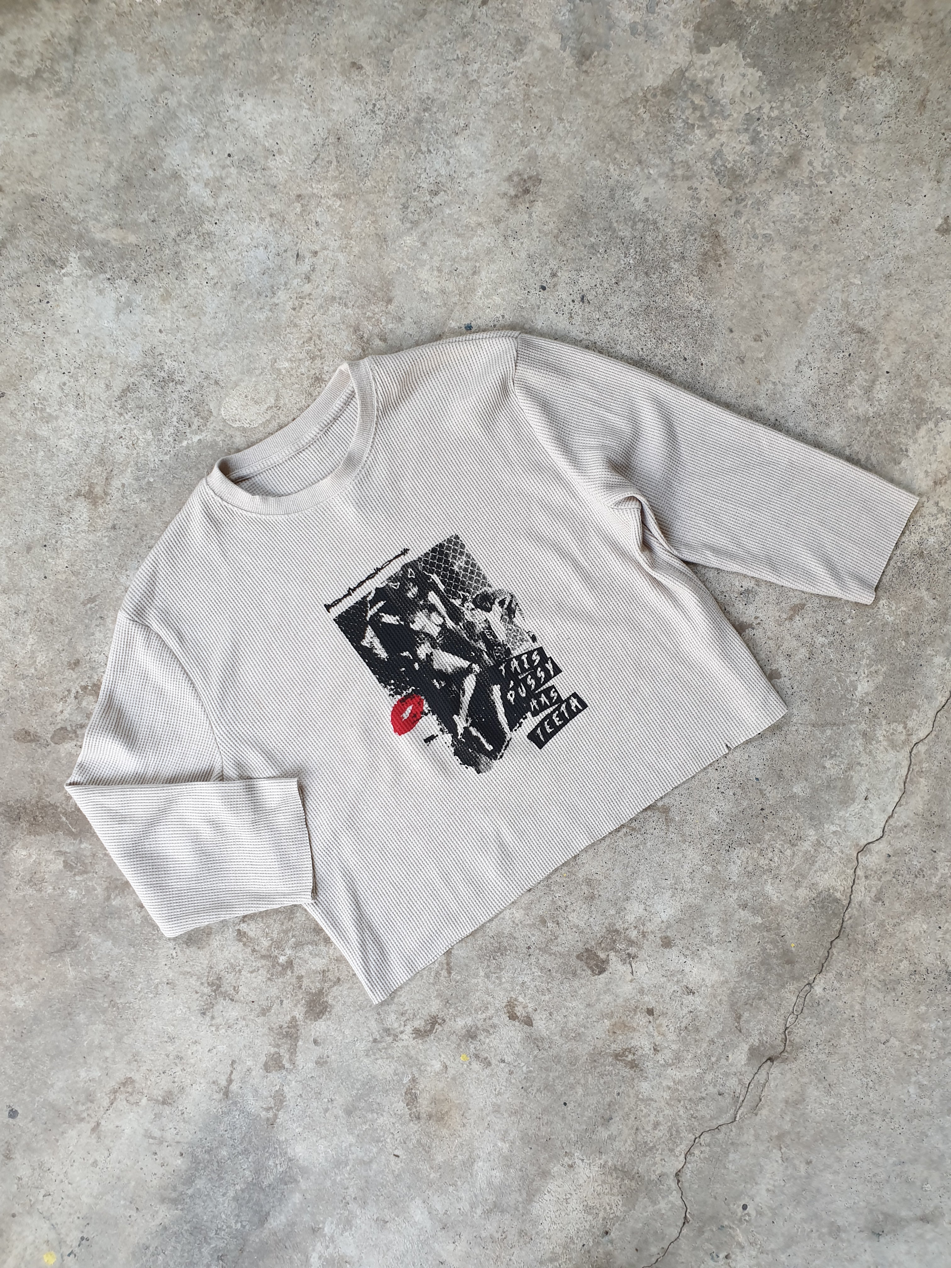 Handprinted 'This pussy has teeth' Cream Waffle Knit Long Sleeve Tee