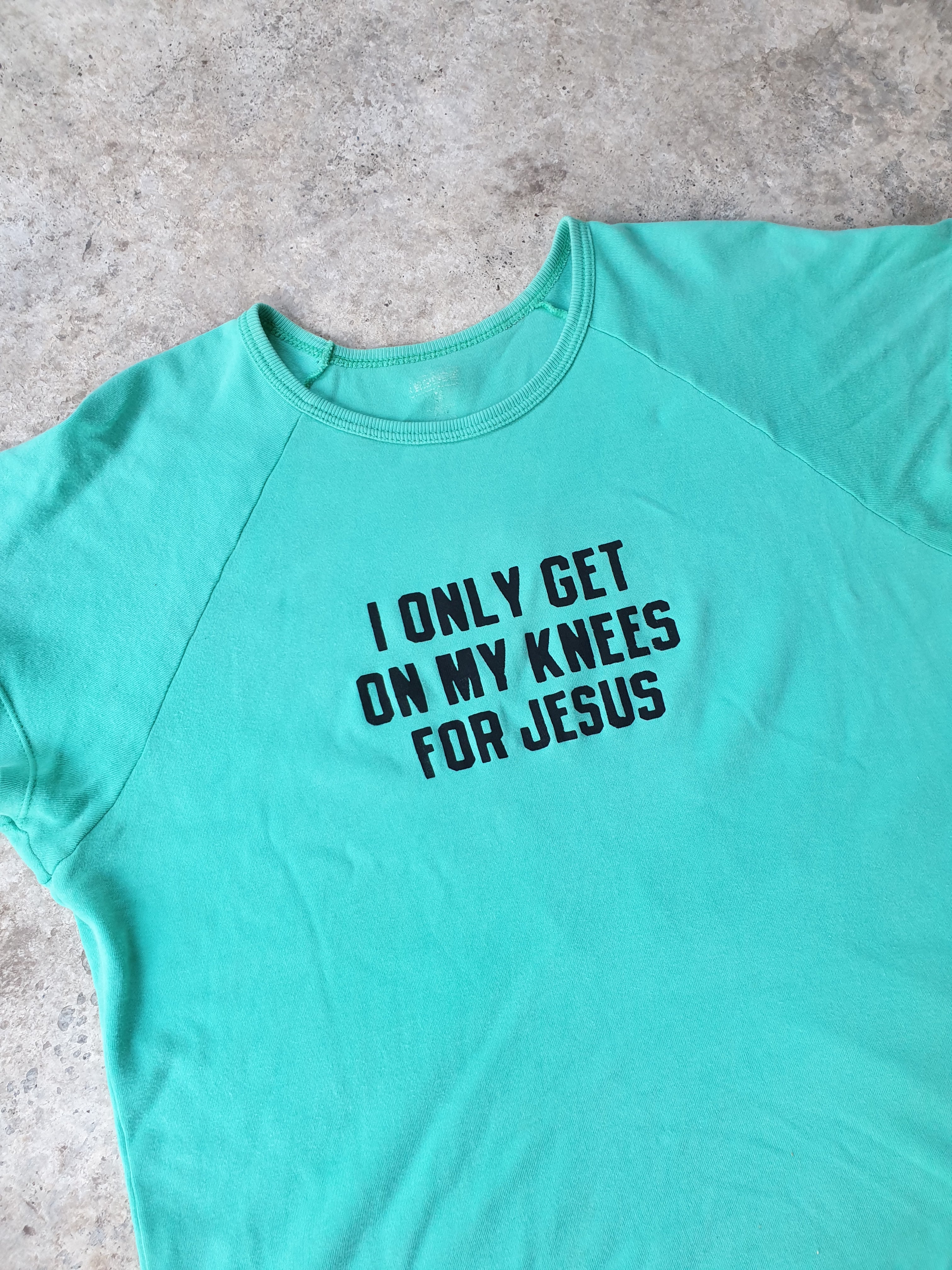 Handprinted 'I only get on my knees for Jesus/LEMMY' Aqua Raglan Tee