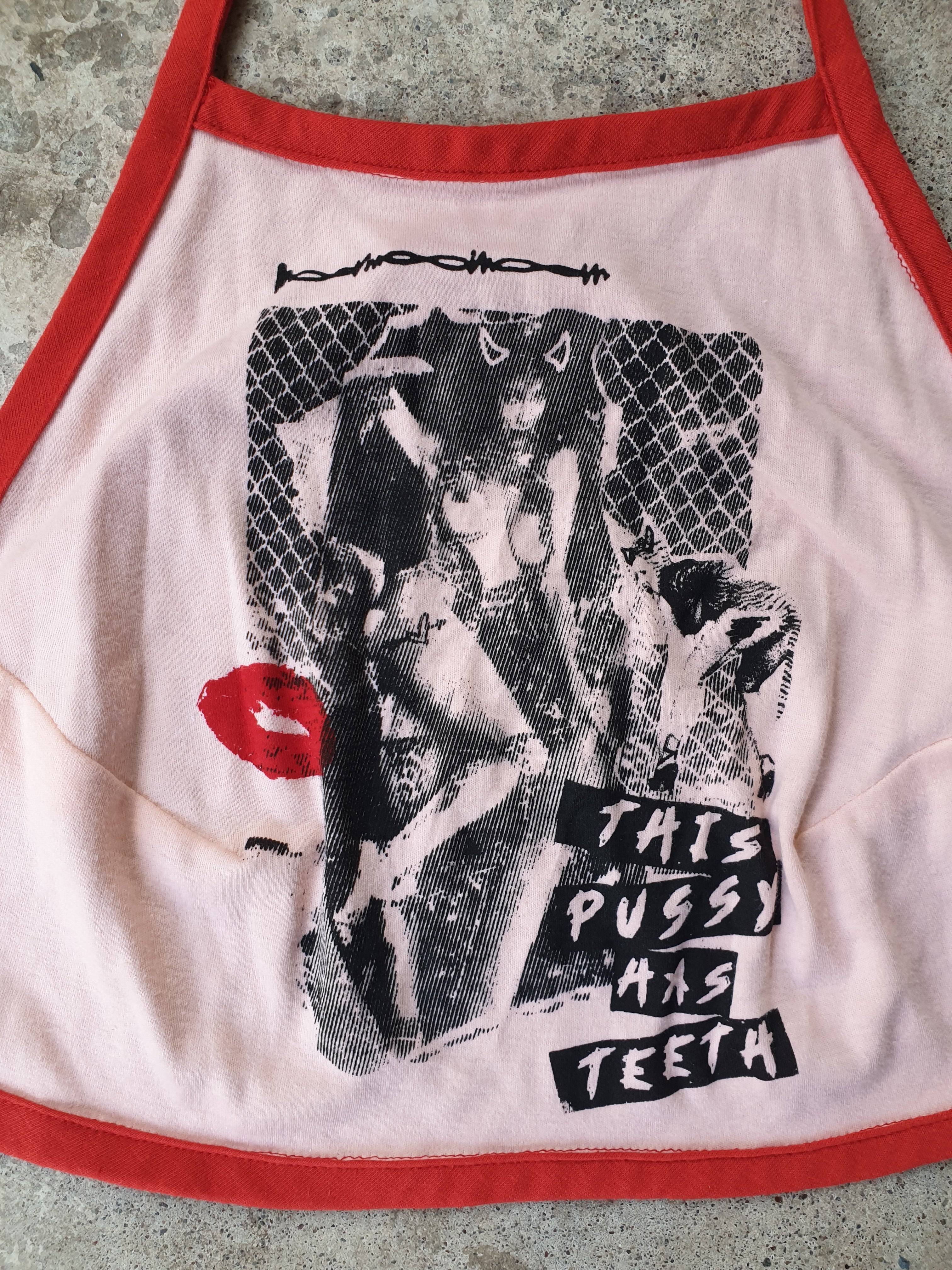 Handmade & Handprinted 'This pussy has teeth' Pink & Red Halter