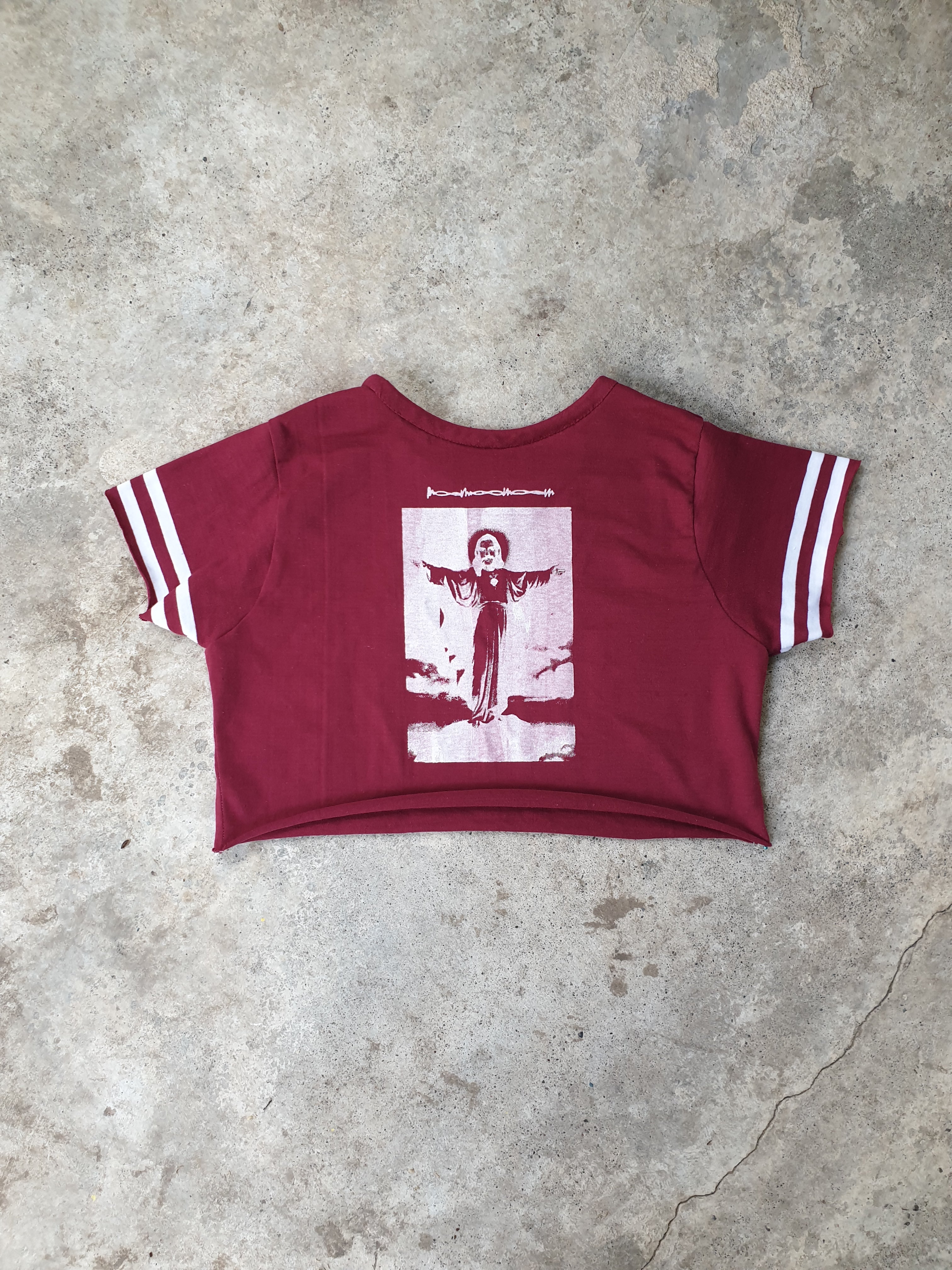 Handmade & Handprinted 'I only get on my knees for Jesus/LEMMY' Maroon & White Cropped Jersey Style Tee