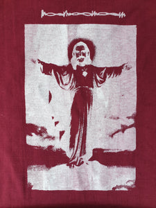 Handmade & Handprinted 'I only get on my knees for Jesus/LEMMY' Maroon & White Cropped Jersey Style Tee