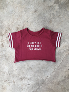 Handmade & Handprinted 'I only get on my knees for Jesus/LEMMY' Maroon & White Cropped Jersey Style Tee