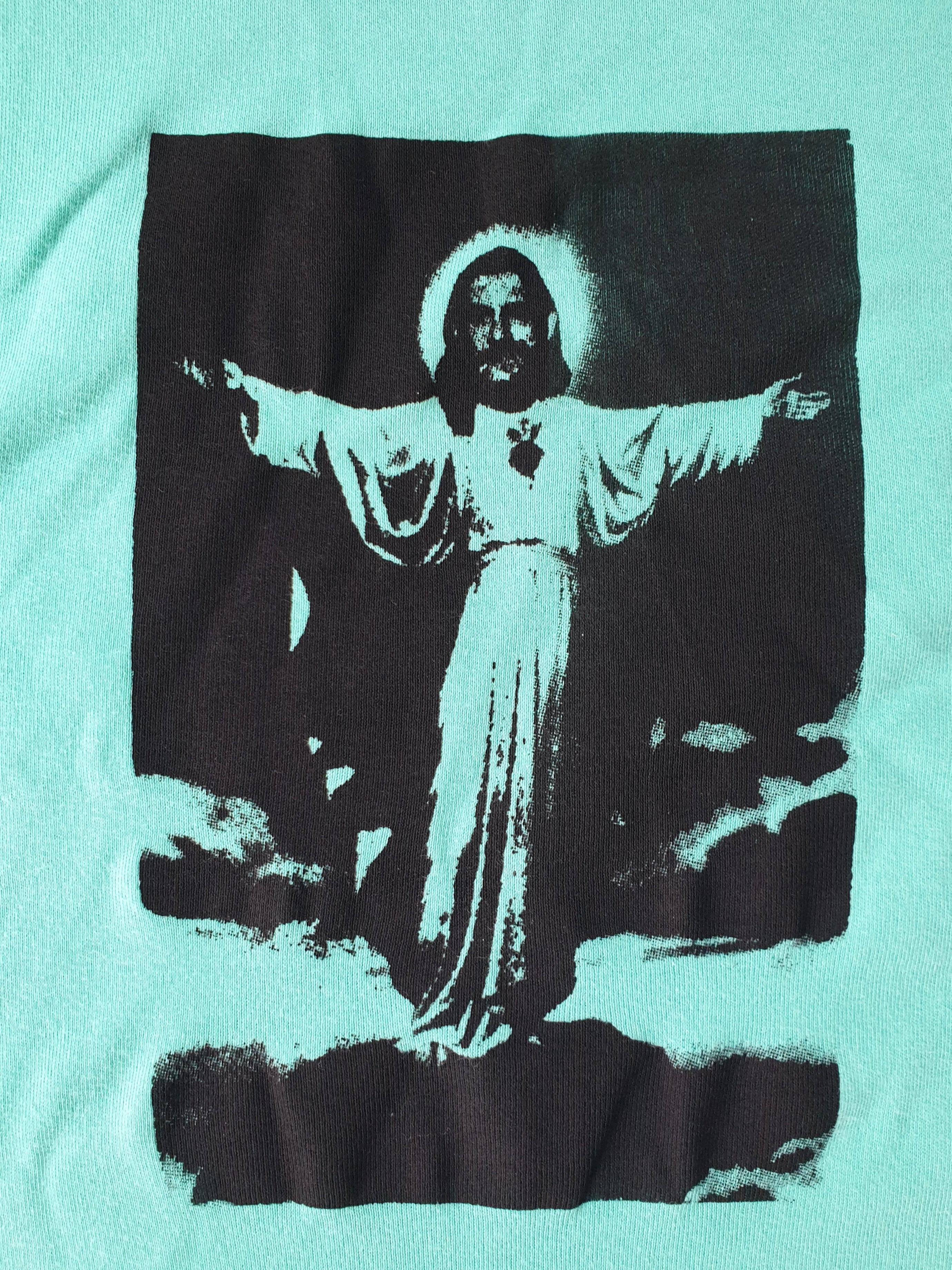 Handprinted 'I only get on my knees for Jesus/LEMMY' Aqua Raglan Tee