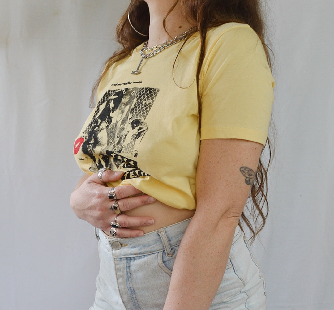 Handprinted ' This pussy has teeth' Yellow Tee