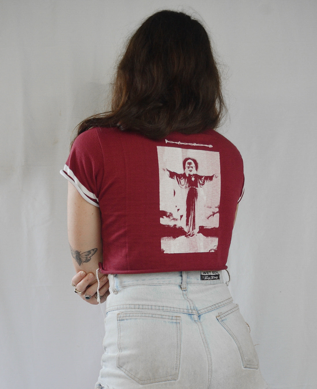 Handmade & Handprinted 'I only get on my knees for Jesus/LEMMY' Maroon & White Cropped Jersey Style Tee