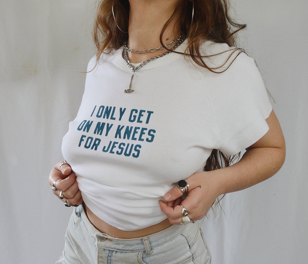 Handprinted 'I only get on my knees for Jesus/LEMMY' White Raglan Tee