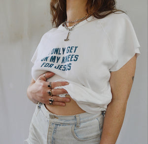 Handprinted 'I only get on my knees for Jesus/LEMMY' White Raglan Tee