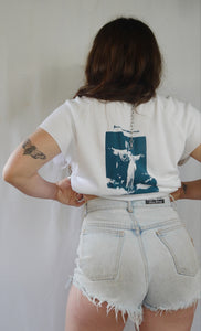 Handprinted 'I only get on my knees for Jesus/LEMMY' White Raglan Tee