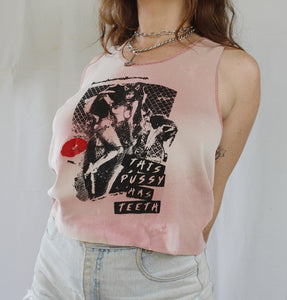 Handprinted ' This pussy has teeth' Pink Singlet