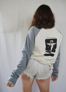 Handprinted 'I only get on my knees for Jesus/LEMMY' Raglan Long Sleeve Tee