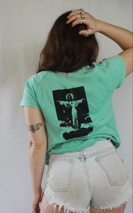 Handprinted 'I only get on my knees for Jesus/LEMMY' Aqua Raglan Tee