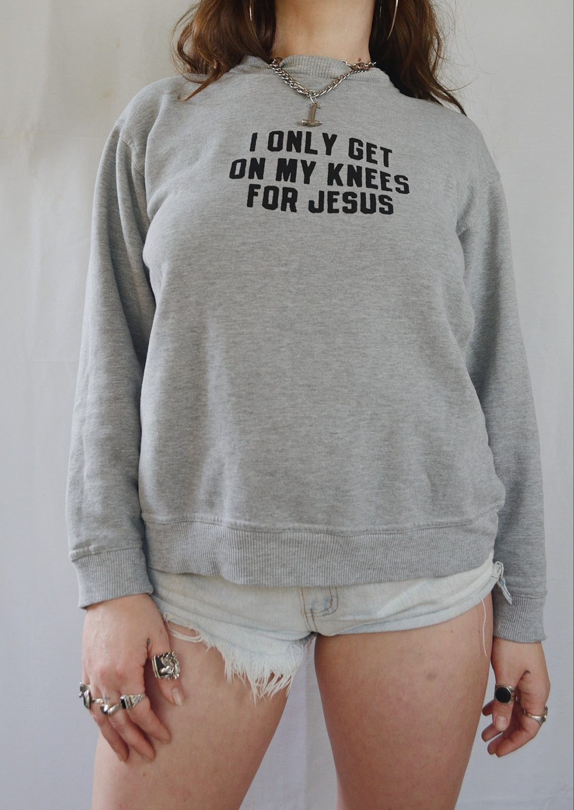 Handprinted 'I only get on my knees for Jesus/LEMMY' Grey Sweatshirt