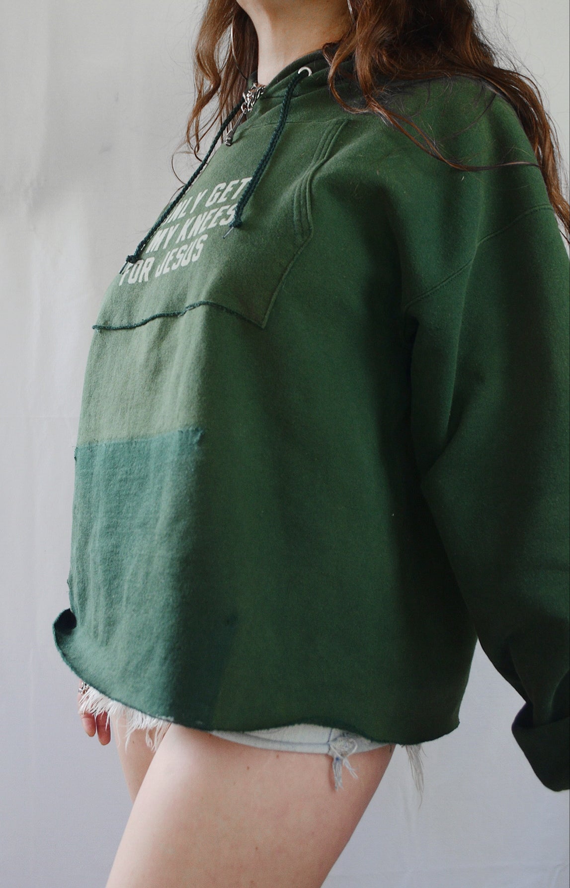 Handprinted 'I only get on my knees for Jesus/LEMMY' Green Hoodie