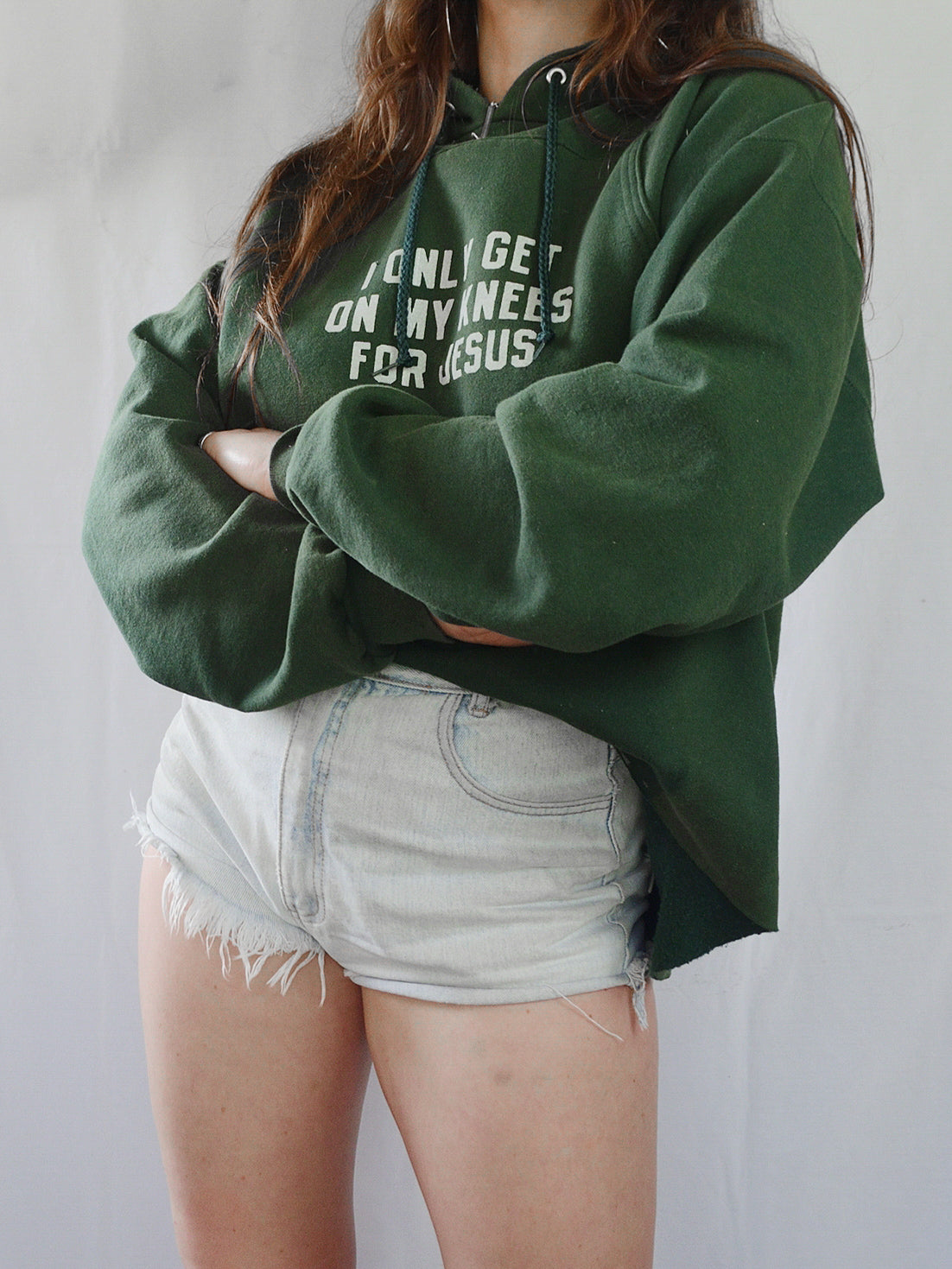 Handprinted 'I only get on my knees for Jesus/LEMMY' Green Hoodie