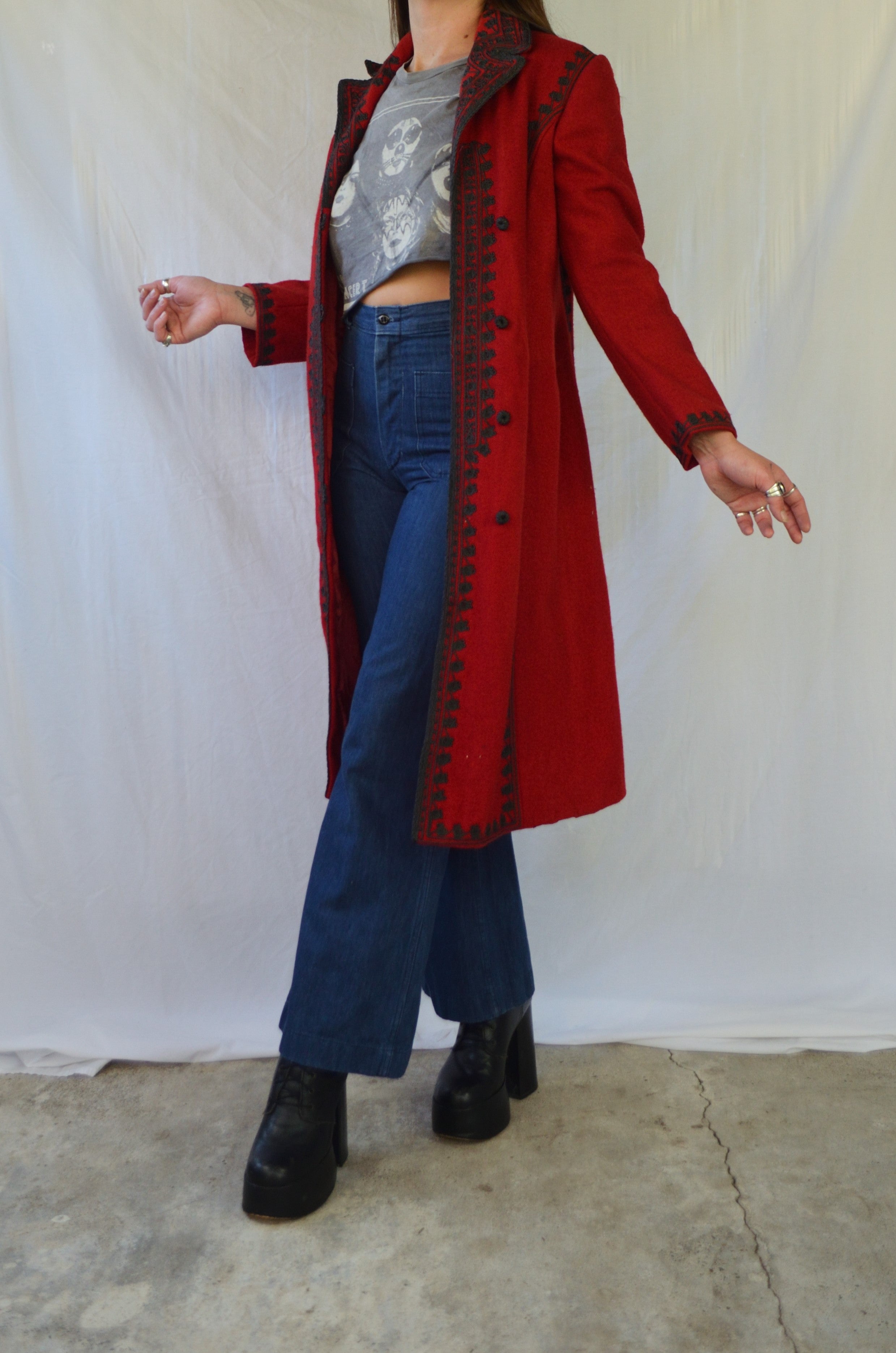 Vintage Red Wool Embroidered Trench Coat