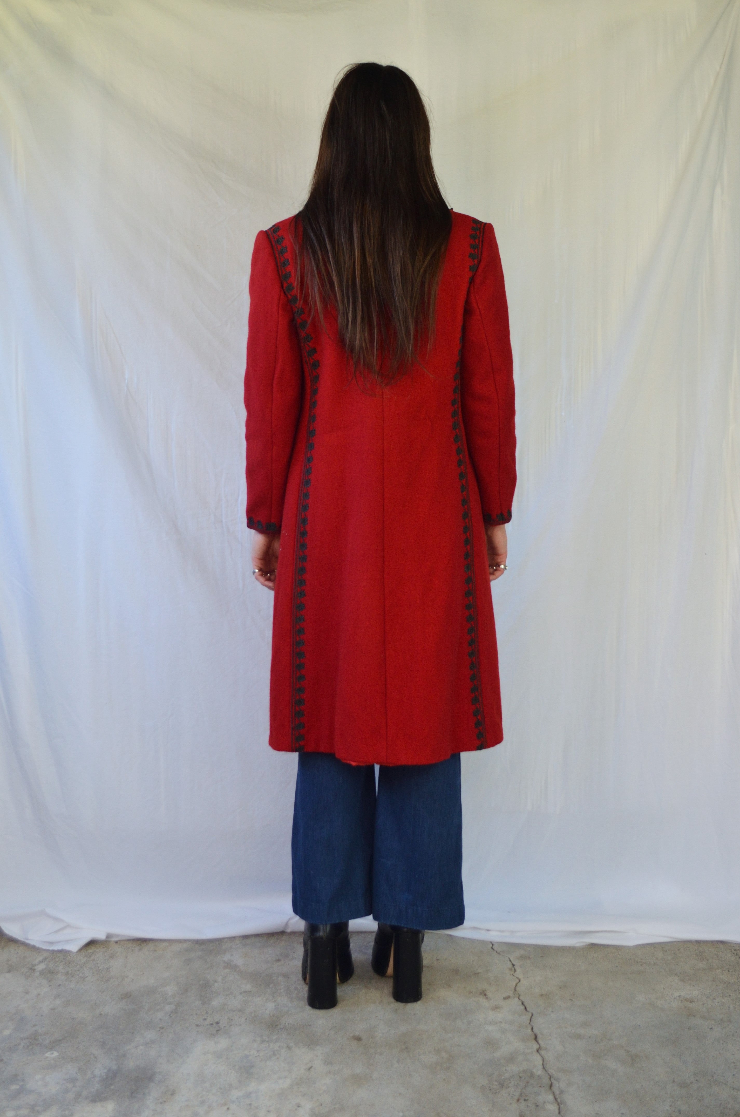 Vintage Red Wool Embroidered Trench Coat