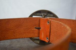 Vintage Tan Leather Tooled Belt w. Round Buckle