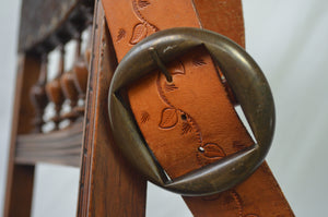 Vintage Tan Leather Tooled Belt w. Round Buckle