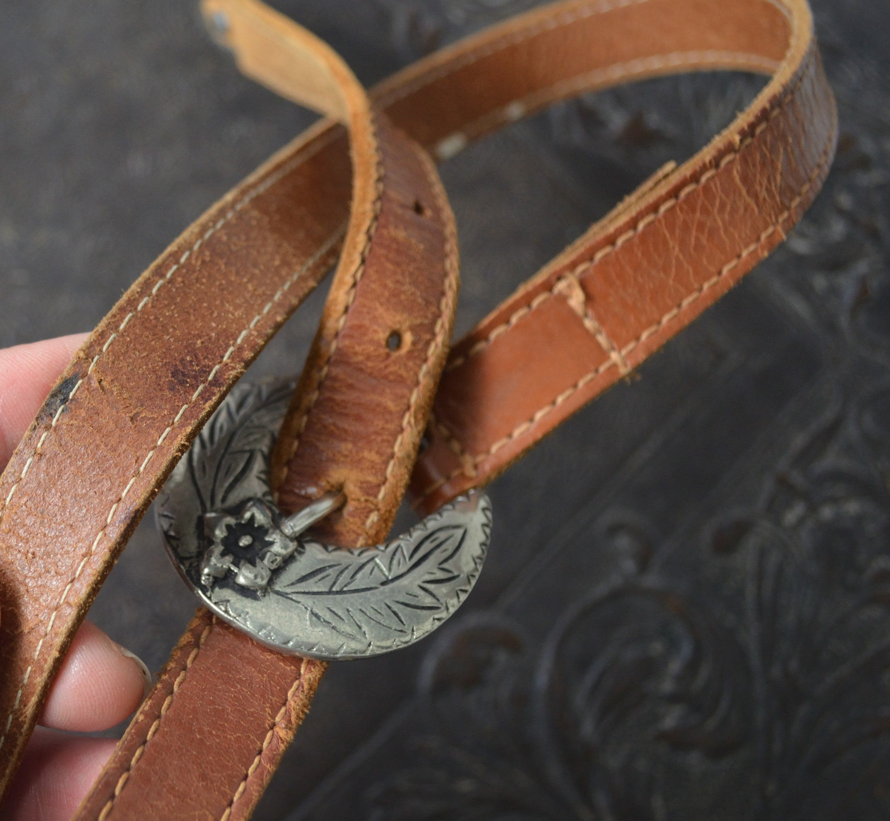 Vintage Tan Leather Belt w. Silver Flower Buckle & Tip