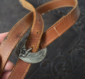 Vintage Tan Leather Belt w. Silver Flower Buckle & Tip