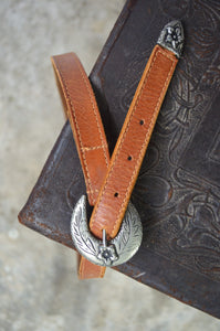 Vintage Tan Leather Belt w. Silver Flower Buckle & Tip