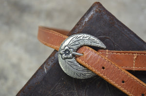 Vintage Tan Leather Belt w. Silver Flower Buckle & Tip