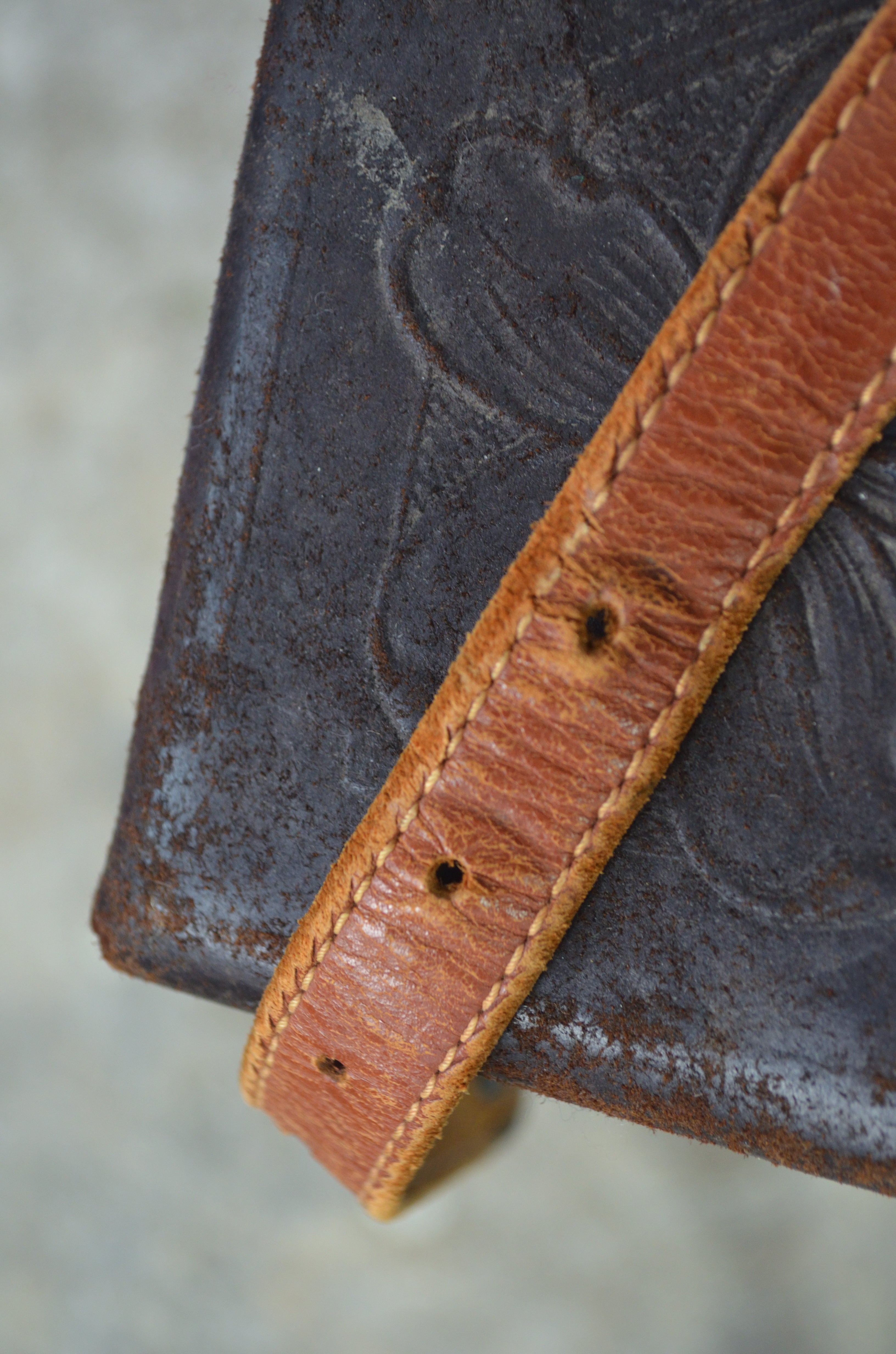 Vintage Tan Leather Belt w. Silver Flower Buckle & Tip