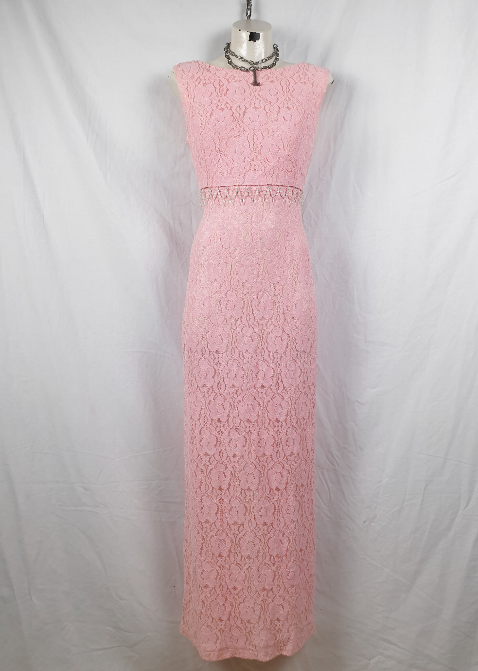 Vintage 1960s/70s Pink Lace Beaded Maxi Dress