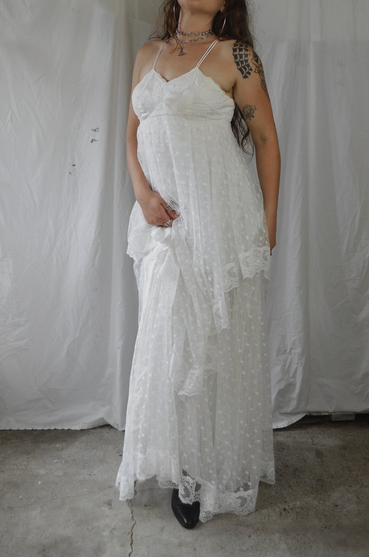 Vintage 1970s Lace Handkerchief Maxi Wedding Dress