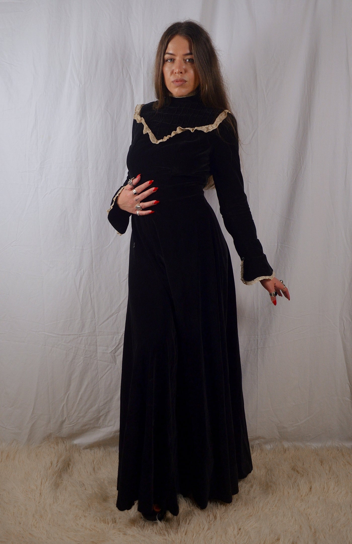 Vintage 1970s Black Cotton Velvet Edwardian Revival Maxi Prairie Dress
