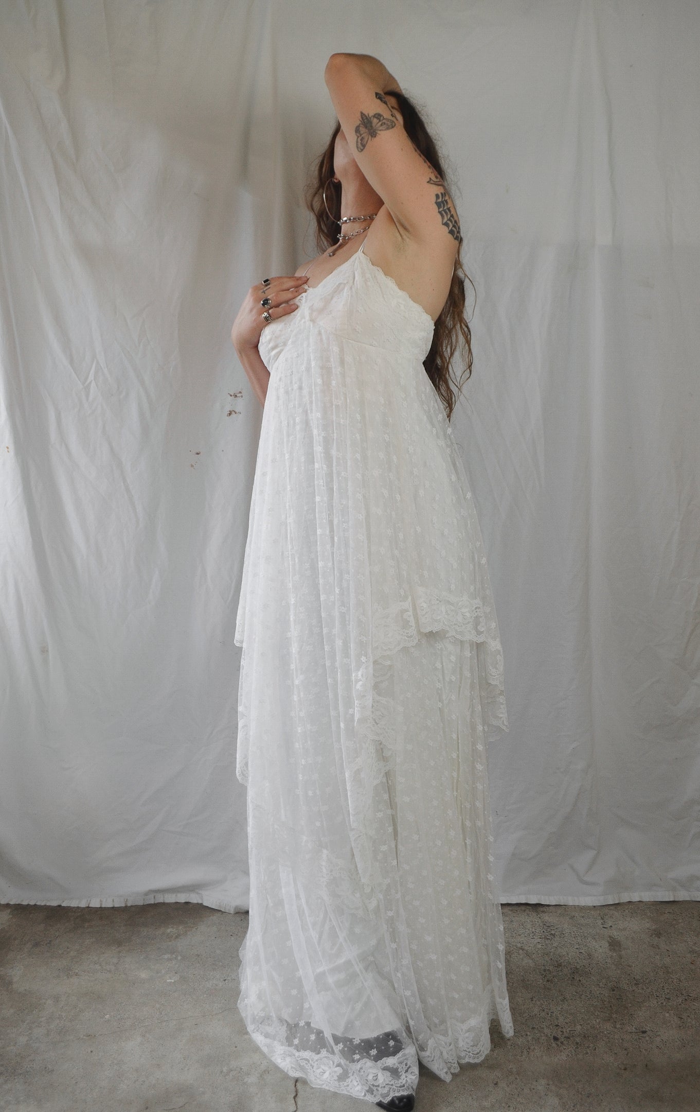 Vintage 1970s Lace Handkerchief Maxi Wedding Dress