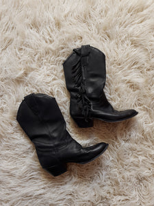 Vintage Black Leather Fringed Cowboy Boots