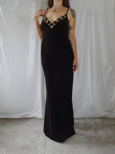 Vintage 1990s Brown Velvet 'Gerry Shaw' Rose Maxi Dress