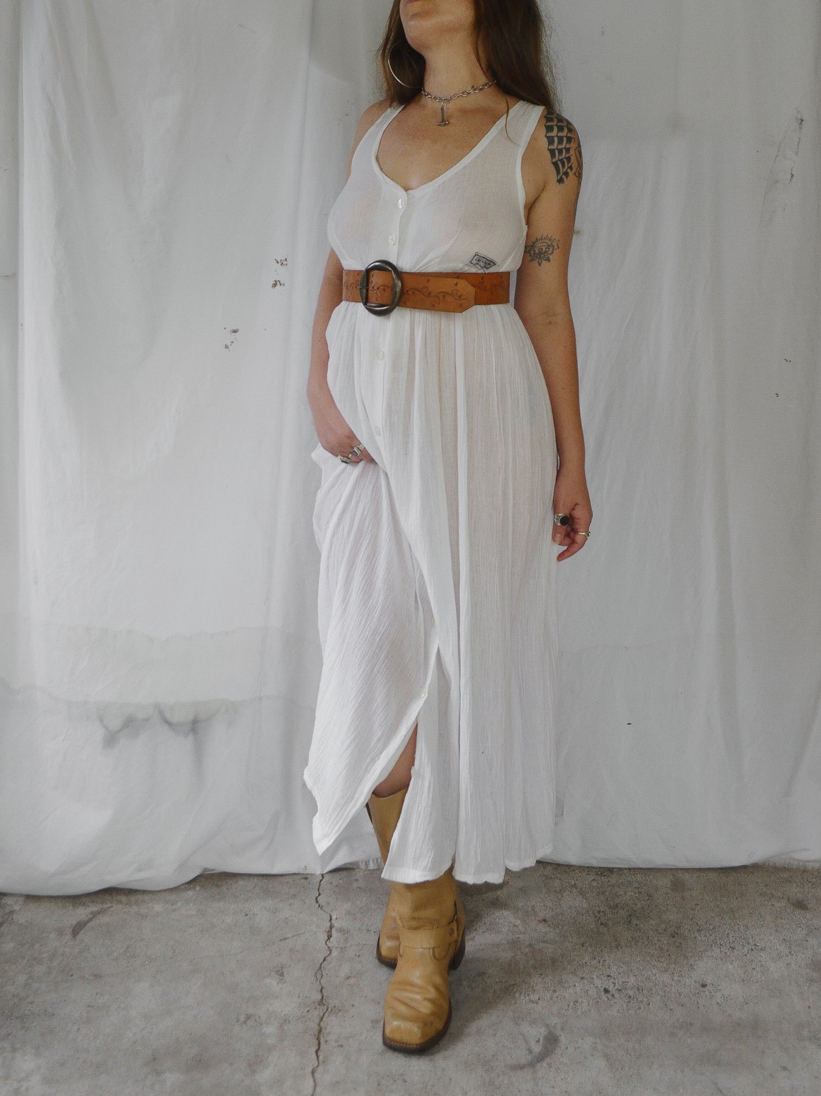 Vintage 1990s White Cotton Gauze Maxi Dress