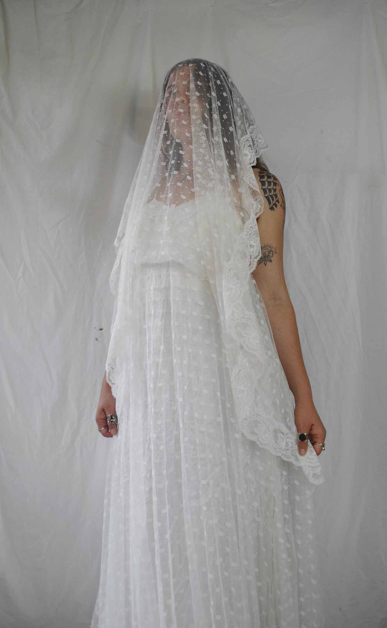 Vintage 1970s Lace Handkerchief Maxi Wedding Dress