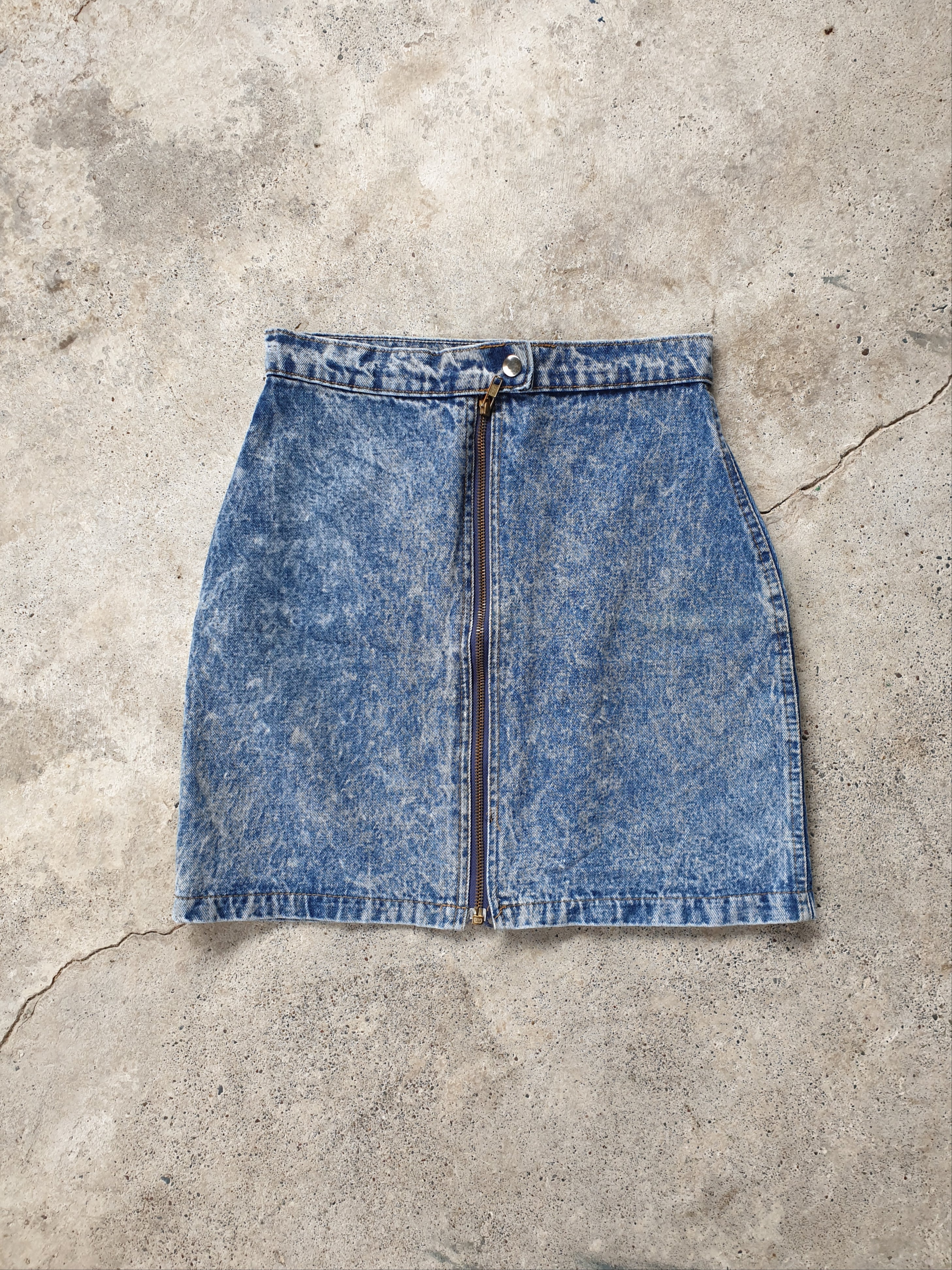 Vintage 80s Acid Wash Zip Front Denim Mini Skirt