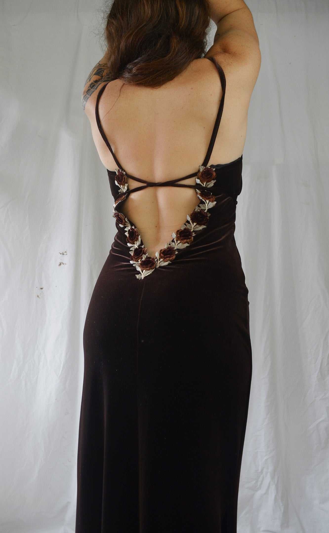 Vintage 1990s Brown Velvet 'Gerry Shaw' Rose Maxi Dress