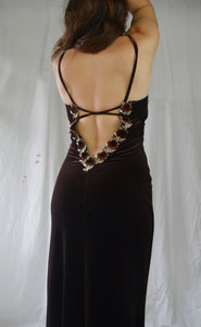 Vintage 1990s Brown Velvet 'Gerry Shaw' Rose Maxi Dress