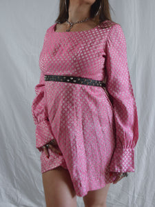 Vintage 1970s Empire Waist Pink & Silver Diamond Mini Dress