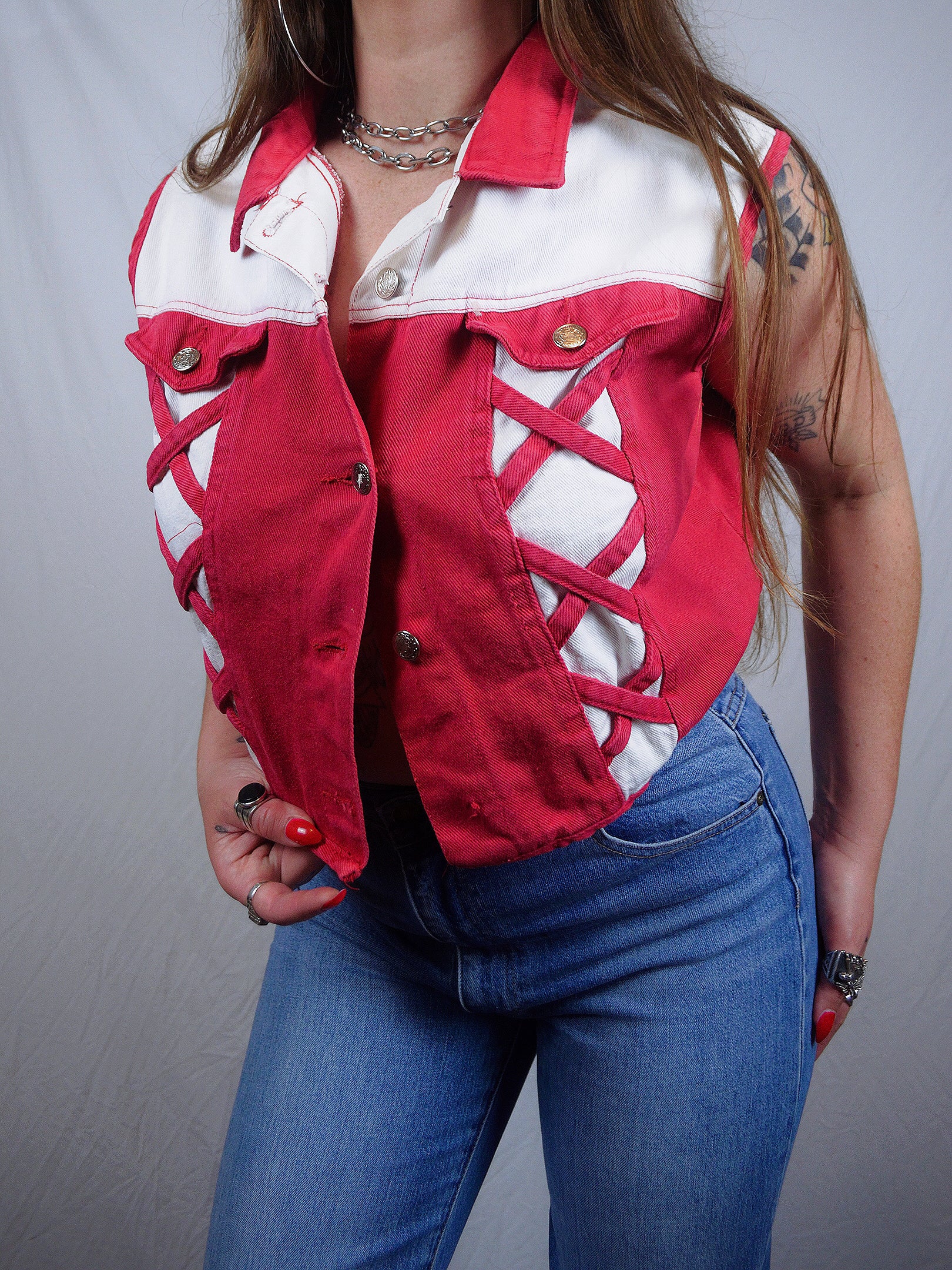 Vintage 1980s Red & White Western Denim Vest