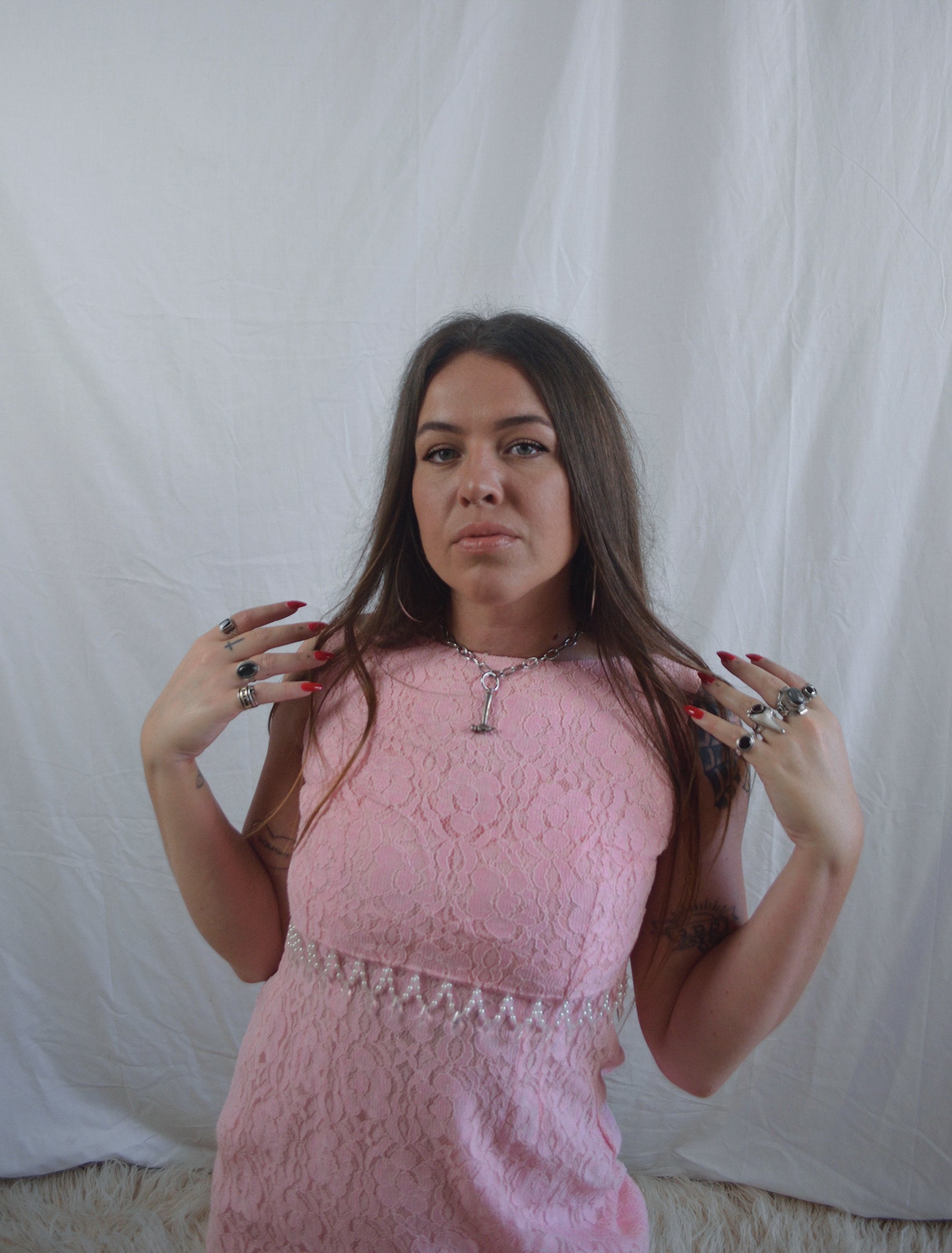 Vintage 1960s/70s Pink Lace Beaded Maxi Dress