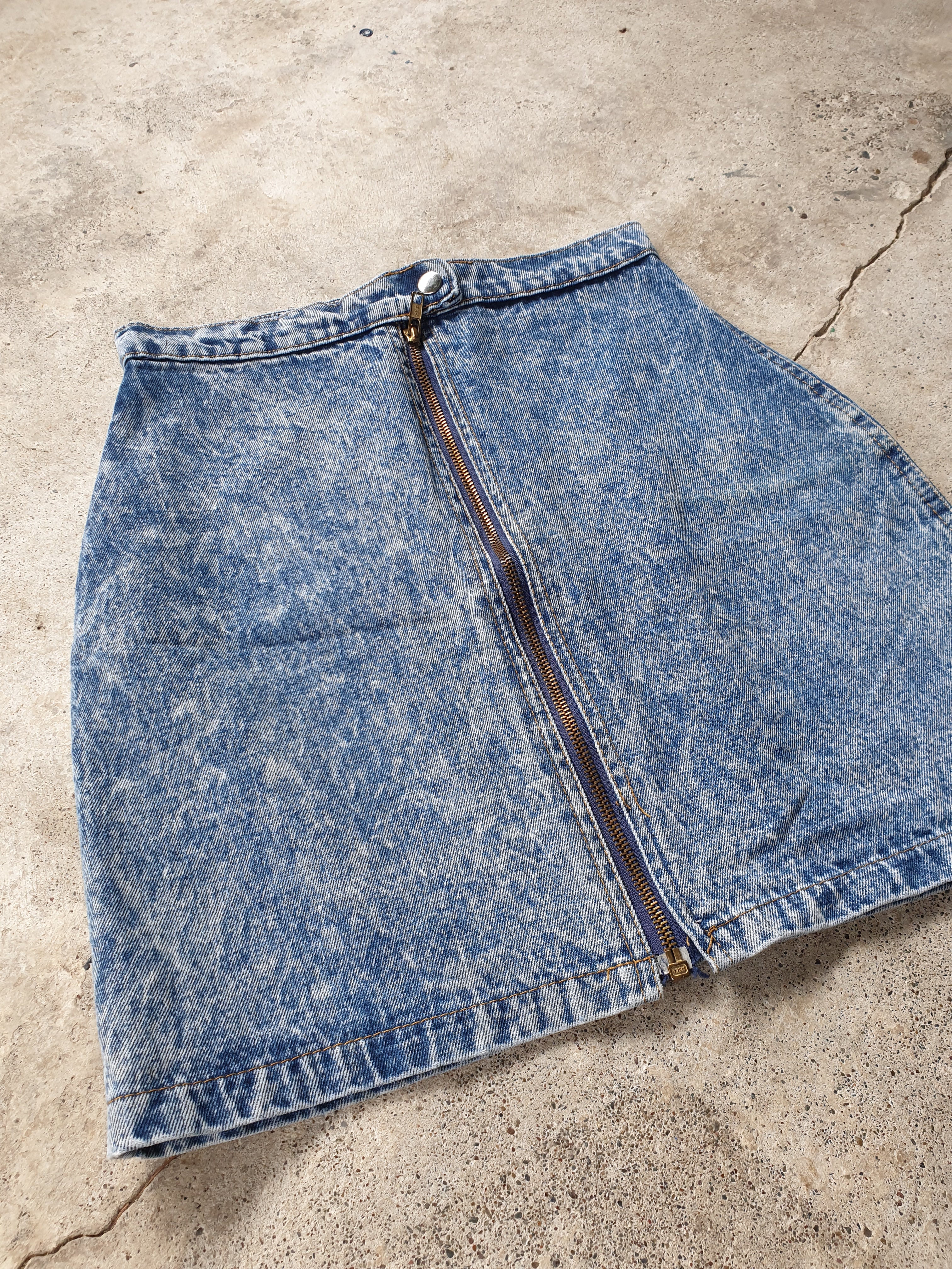 Vintage 80s Acid Wash Zip Front Denim Mini Skirt