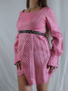 Vintage 1970s Empire Waist Pink & Silver Diamond Mini Dress